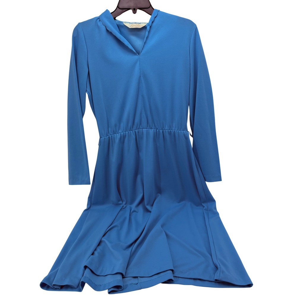 Lynn Davis Vintage Blue Long Sleeve V-Neck Elastic Waist Midi A-Line Dress